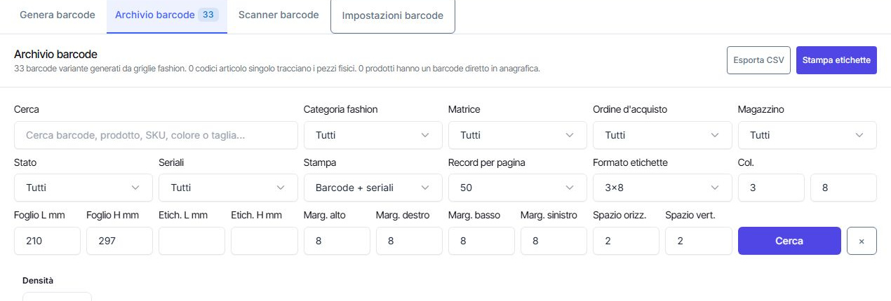 Archivio con filtri, tipologie di codice, esportazione e stampa etichette.