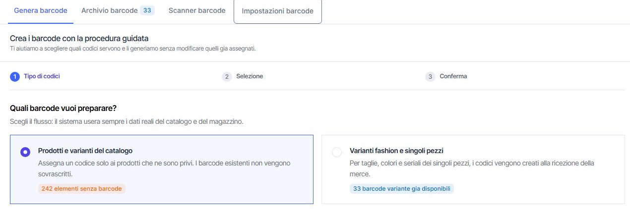Procedura guidata per generare barcode mancanti.